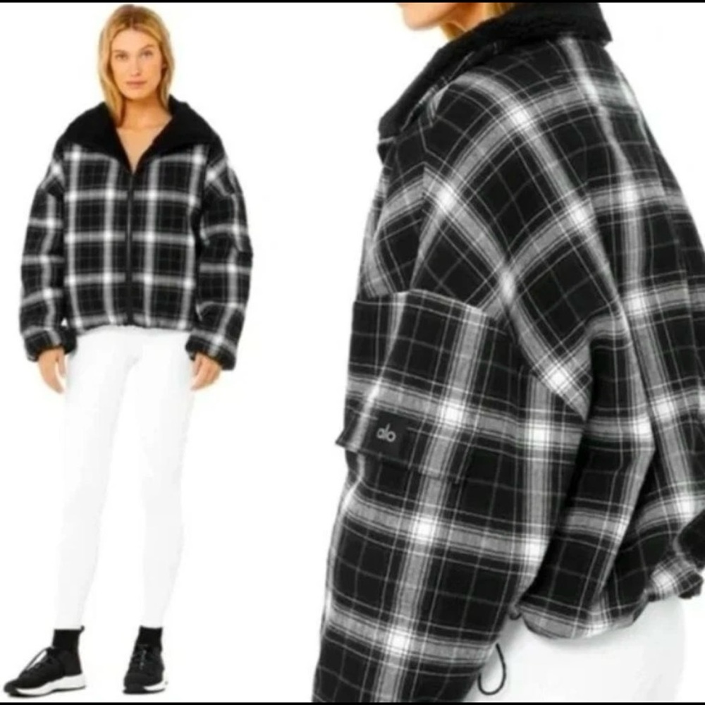 ALO YOGA Heritage Plaid Bomber Jacket In Black/ White Size S - Picture 12 of 12